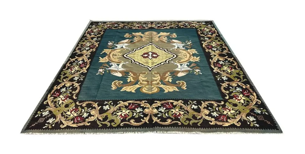 Tapis Kilim vert sarcelle fait à la main, tapis oriental, tapis carré de Moldavie.