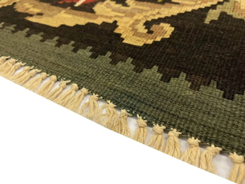 Tapis Kilim vert sarcelle fait à la main, tapis oriental, tapis carré de Moldavie.