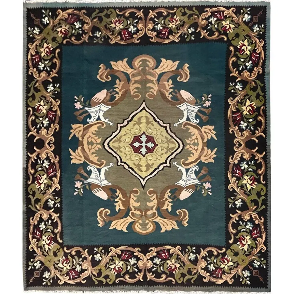 Tapis Kilim vert sarcelle fait à la main, tapis oriental, tapis carré de Moldavie.