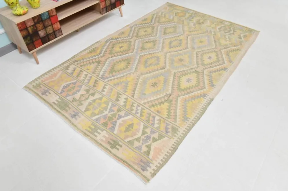 Tapis Kilim Vintage Laine Fait Main, Bohème, Motifs Géométriques, 149X247Cm