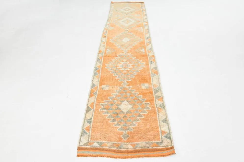 Tapis Kilim Vintage Orange et Beige, Motifs Géométriques Anatoliens