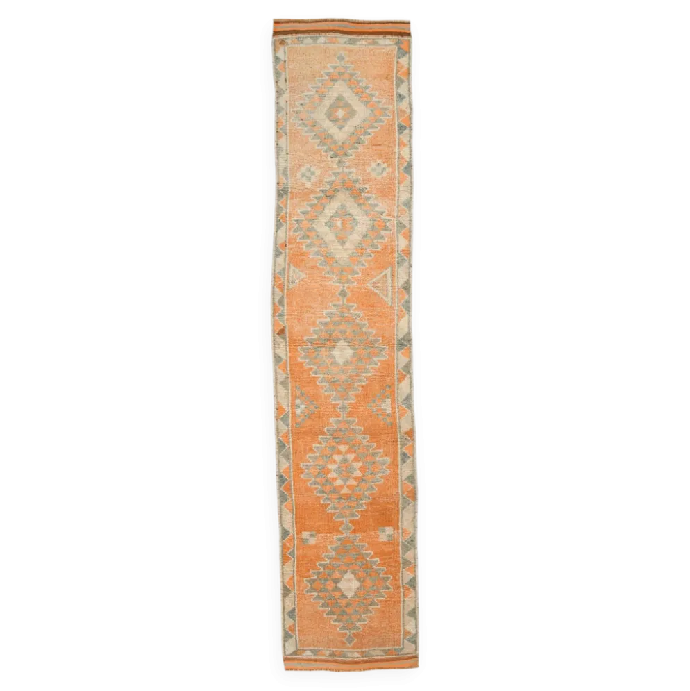 Tapis Kilim Vintage Orange et Beige, Motifs Géométriques Anatoliens