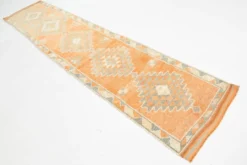 Tapis Kilim Vintage Orange et Beige, Motifs Géométriques Anatoliens