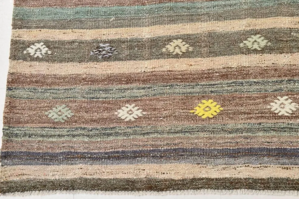 Tapis Kilim vintage rayé vert et marron 6x8, tapis fait main traditionnel