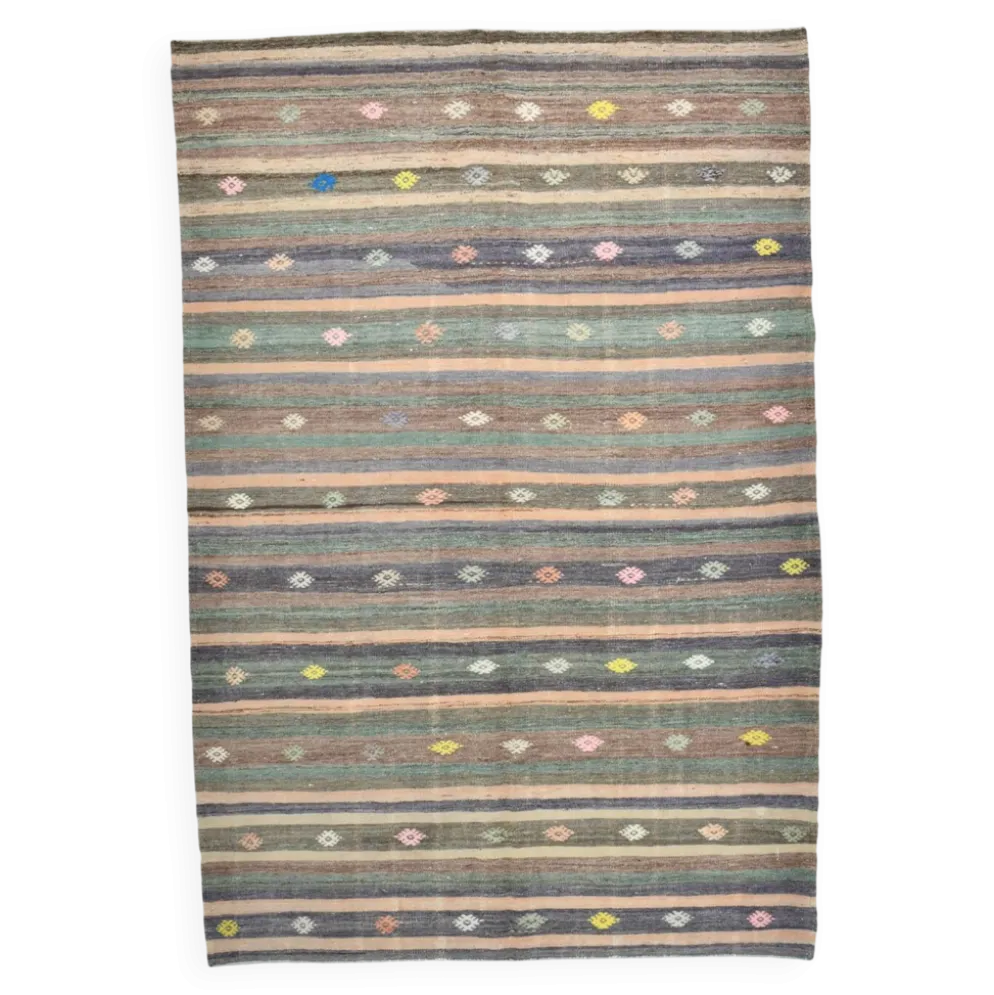 Tapis Kilim vintage rayé vert et marron 6x8, tapis fait main traditionnel