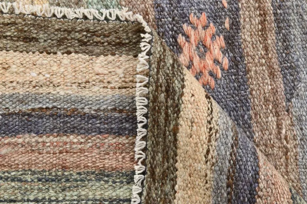 Tapis Kilim vintage rayé vert et marron 6x8, tapis fait main traditionnel