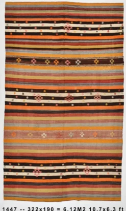 Tapis kilim vintage turc rayé multicolore à motifs géométriques, 190x320 cm
