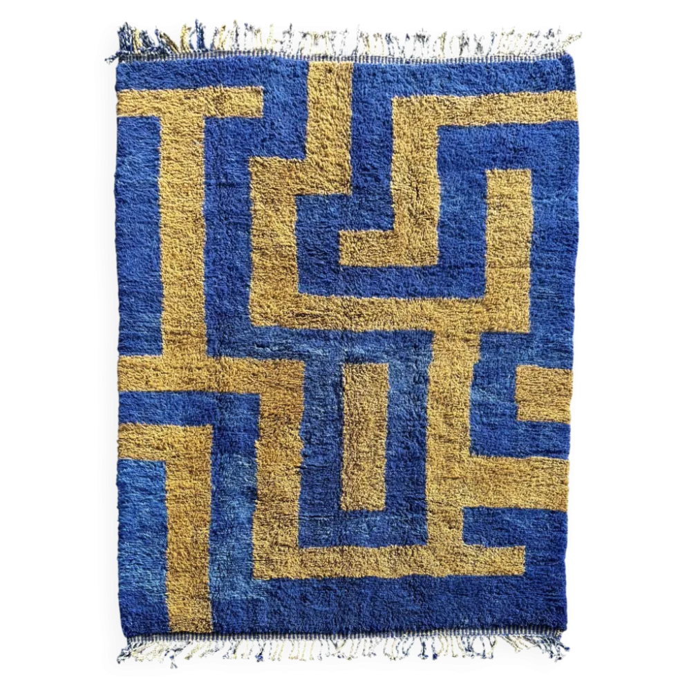 Tapis marocain Mrirt bleu et vert sur mesure en laine, Aftas