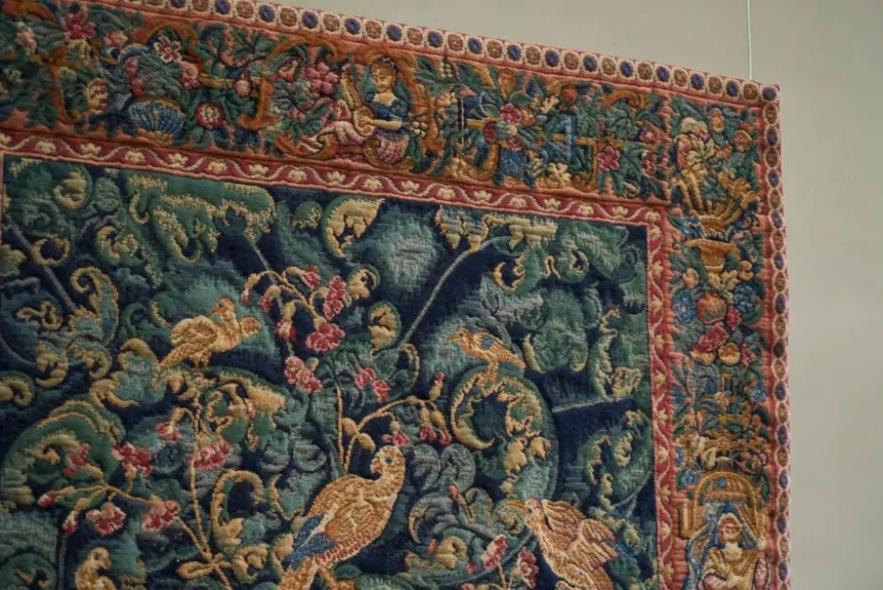 Tapis mural Mid Century oiseaux, animaux et feuilles, Belgique années 1960
