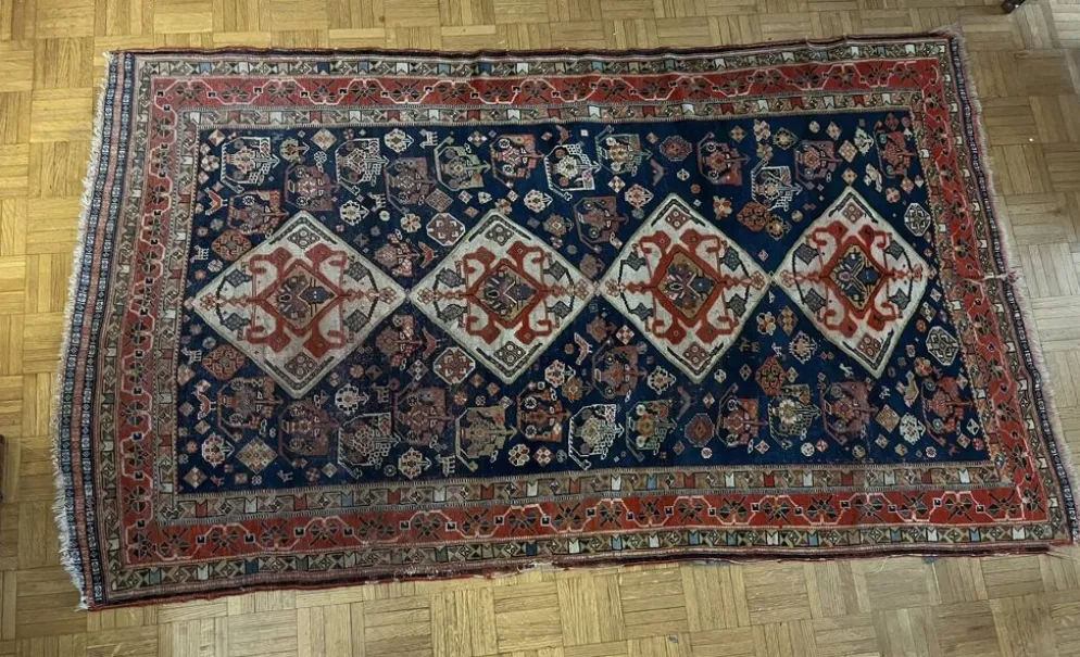 Tapis nomade persan Qashqai ancien fait main – fond bleu 94x112cm