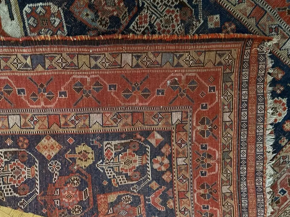 Tapis nomade persan Qashqai ancien fait main – fond bleu 94x112cm