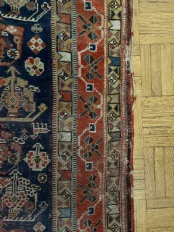Tapis nomade persan Qashqai ancien fait main – fond bleu 94x112cm
