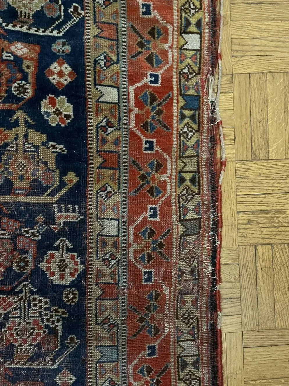 Tapis nomade persan Qashqai ancien fait main – fond bleu 94x112cm