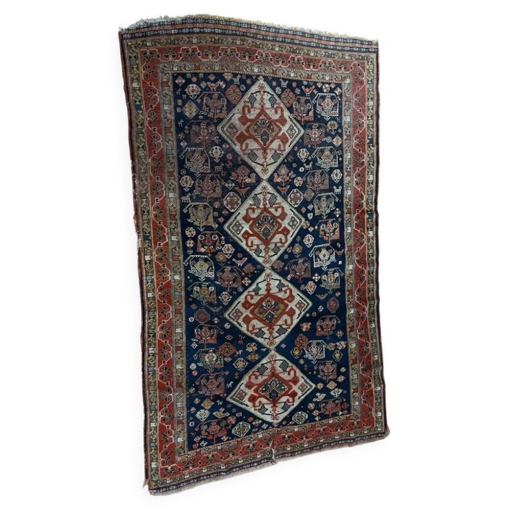 Tapis nomade persan Qashqai ancien fait main – fond bleu 94x112cm