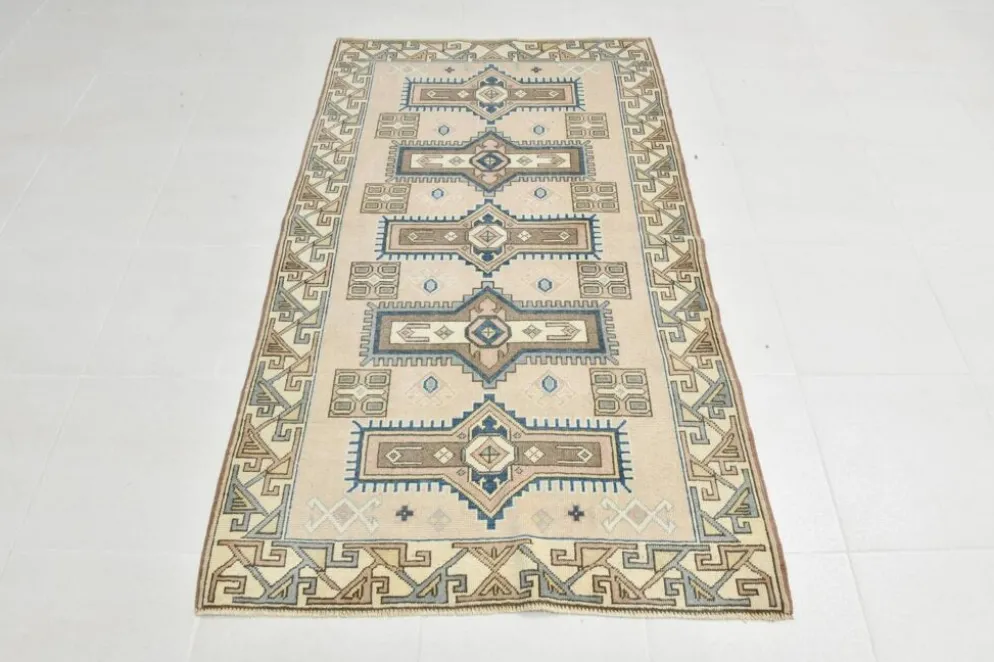 Tapis oriental vintage bleu crème 3x6, 109x187 cm
