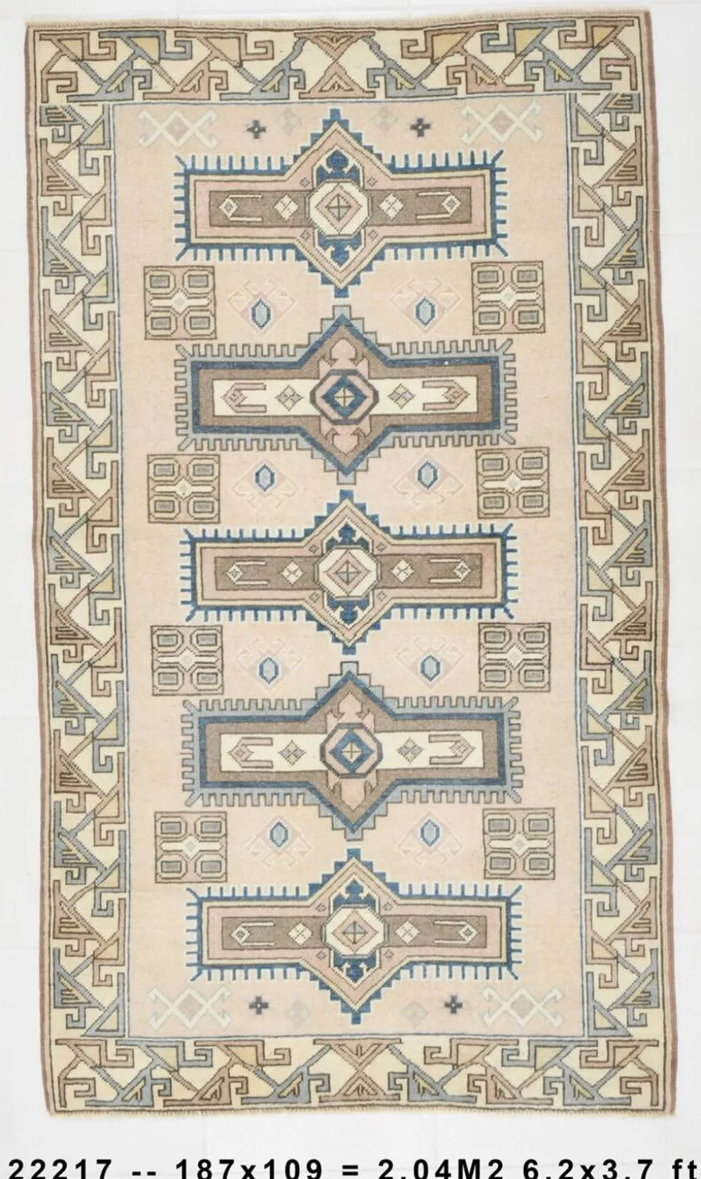 Tapis oriental vintage bleu crème 3x6, 109x187 cm