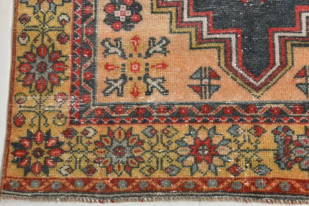 Tapis oriental vintage rouge bleu marine 3x6, 106x201 cm