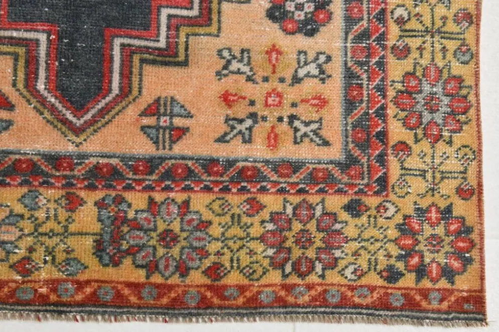 Tapis oriental vintage rouge bleu marine 3x6, 106x201 cm