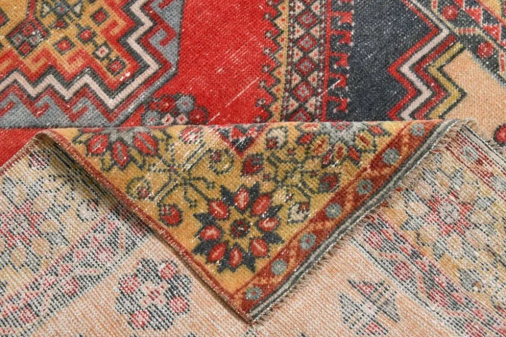Tapis oriental vintage rouge bleu marine 3x6, 106x201 cm