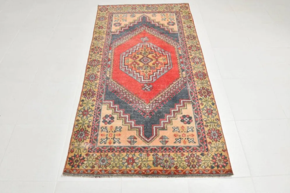 Tapis oriental vintage rouge bleu marine 3x6, 106x201 cm