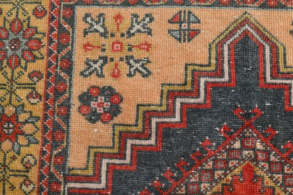 Tapis oriental vintage rouge bleu marine 3x6, 106x201 cm