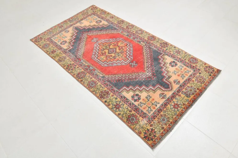 Tapis oriental vintage rouge bleu marine 3x6, 106x201 cm
