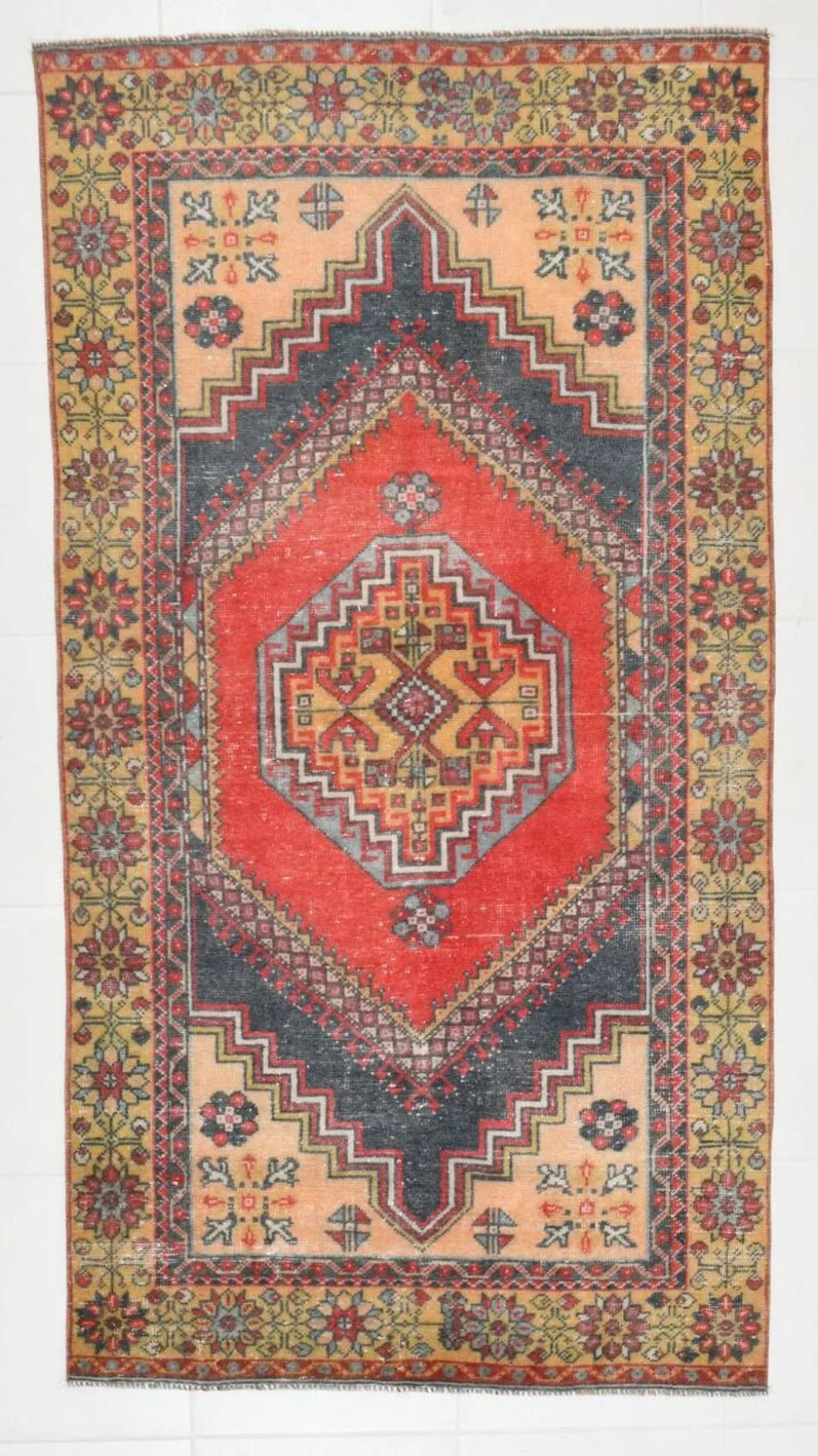 Tapis oriental vintage rouge bleu marine 3x6, 106x201 cm