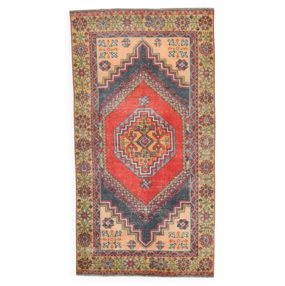 Tapis oriental vintage rouge bleu marine 3x6, 106x201 cm