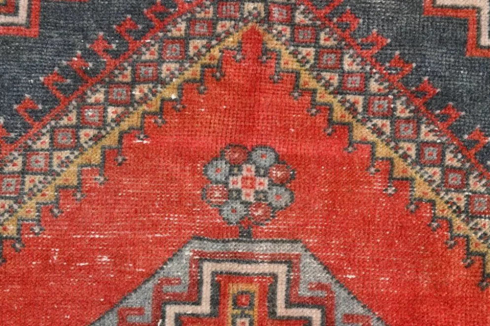Tapis oriental vintage rouge bleu marine 3x6, 106x201 cm