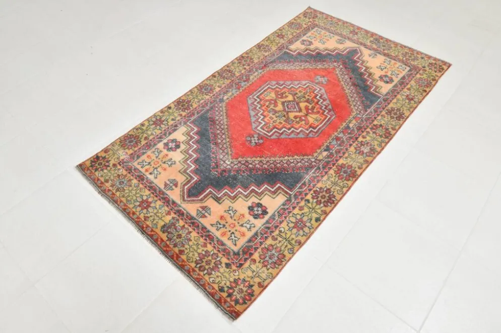 Tapis oriental vintage rouge bleu marine 3x6, 106x201 cm