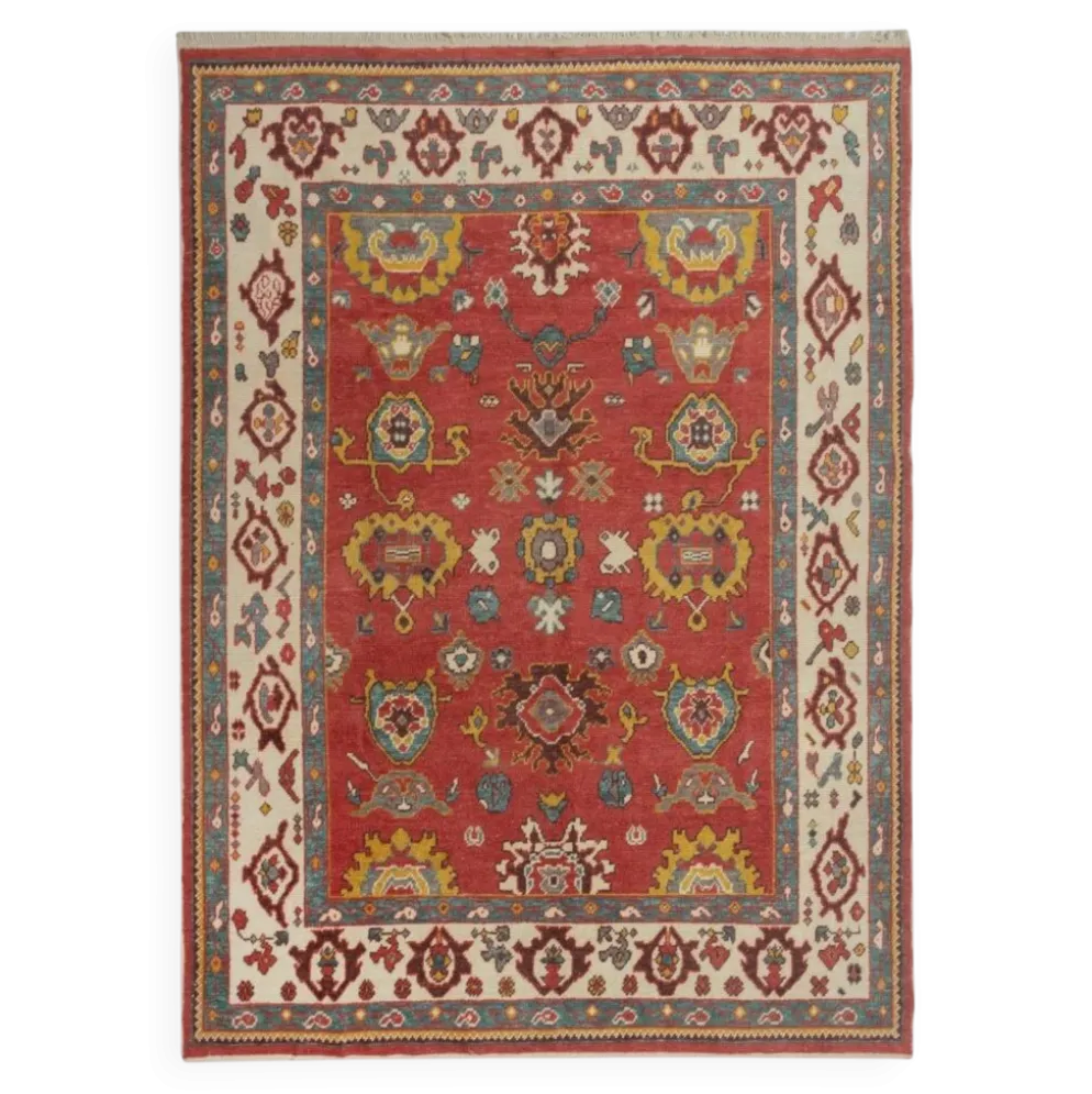 Tapis Oushak noué à la main. Taille et couleurs personnalisées. Tapis en laine rouge turc. Design inspiré des années 1900. Fait sur commande.