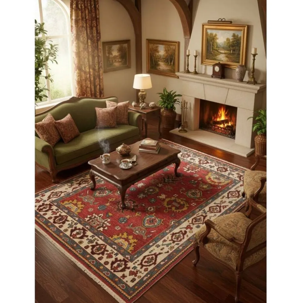 Tapis Oushak noué à la main. Taille et couleurs personnalisées. Tapis en laine rouge turc. Design inspiré des années 1900. Fait sur commande.