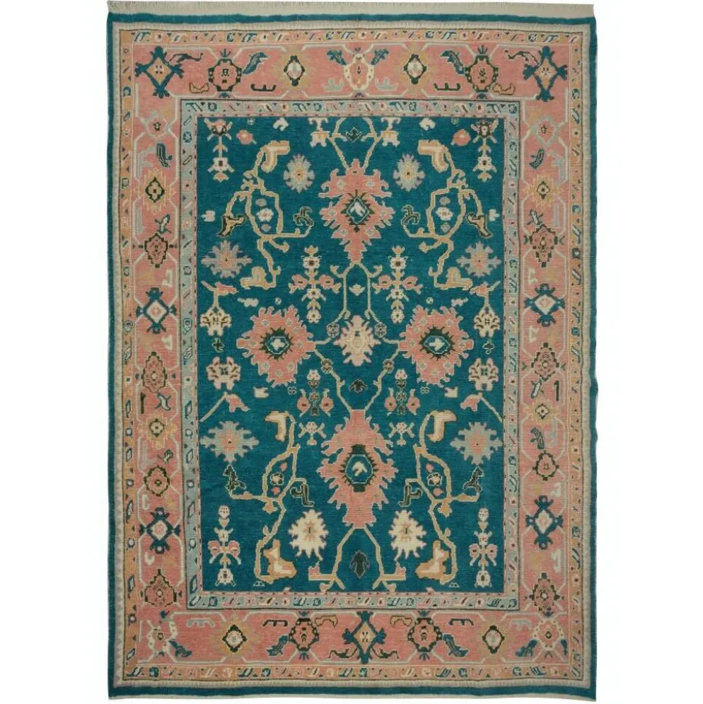 Tapis Oushak noué à la main. Taille et couleurs personnalisées. Tapis en laine vert turc. Design inspiré des années 1900. Fait sur commande.