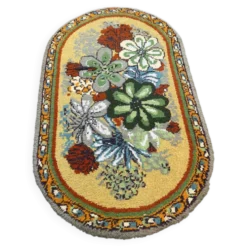 Tapis ovale vintage années 70 - Motifs fleurs pop vert & moutarde 185x115