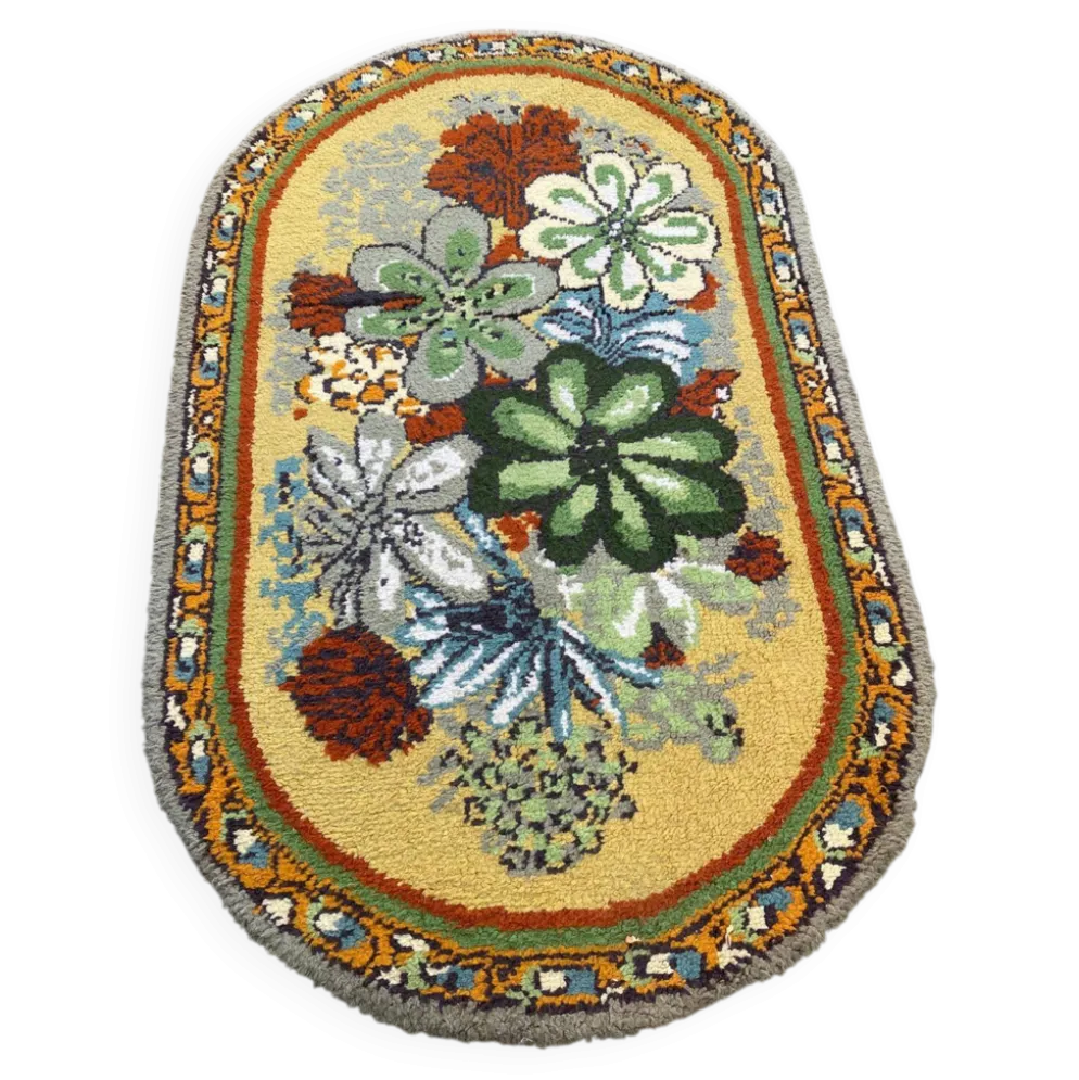 Tapis ovale vintage années 70 - Motifs fleurs pop vert & moutarde 185x115