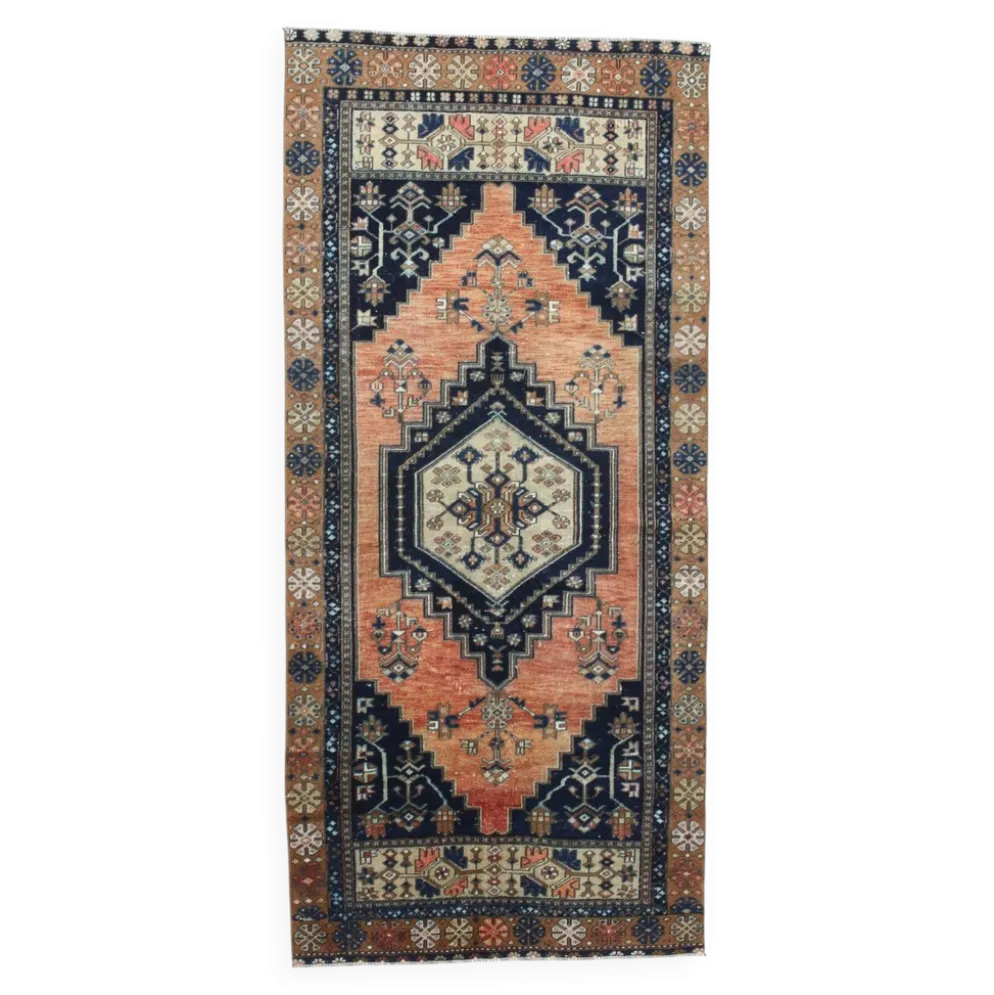 Tapis persan géométrique rouge bleu marine 3x7, 102x223 cm