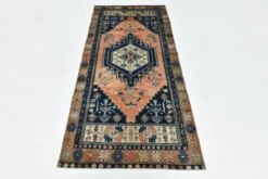 Tapis persan géométrique rouge bleu marine 3x7, 102x223 cm
