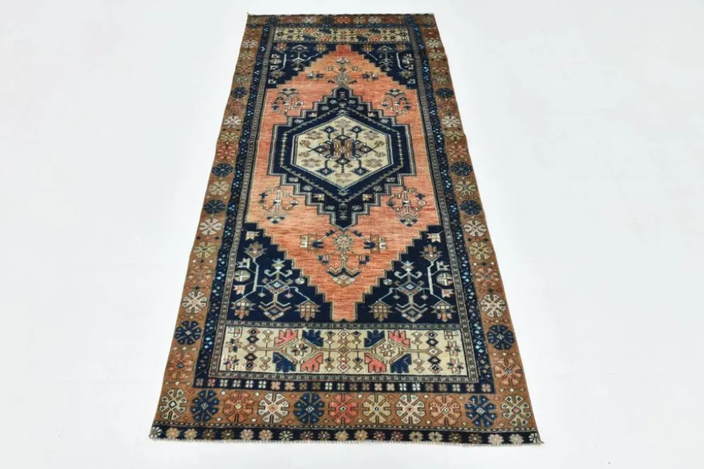 Tapis persan géométrique rouge bleu marine 3x7, 102x223 cm
