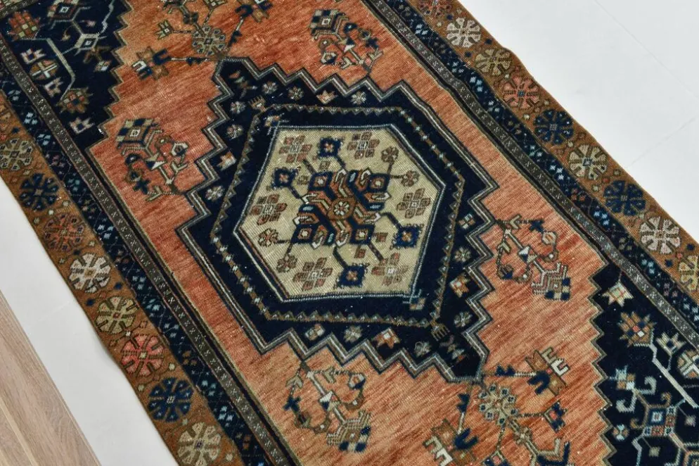 Tapis persan géométrique rouge bleu marine 3x7, 102x223 cm