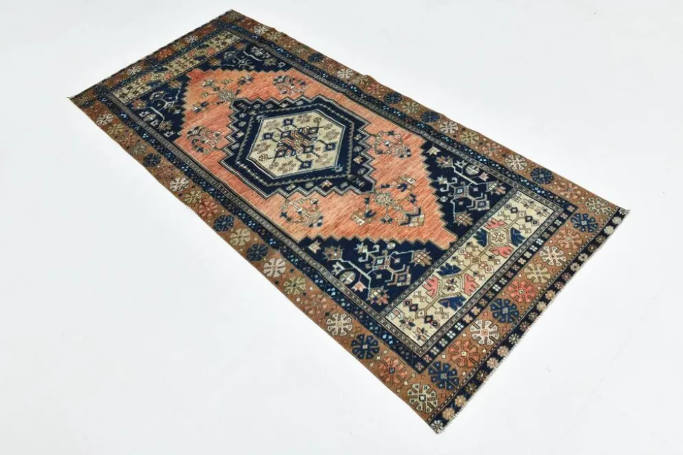Tapis persan géométrique rouge bleu marine 3x7, 102x223 cm