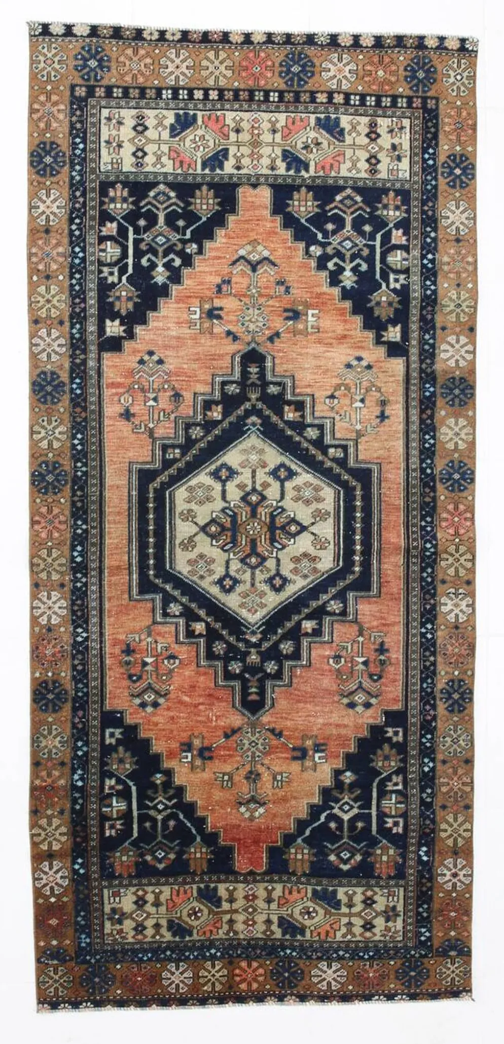 Tapis persan géométrique rouge bleu marine 3x7, 102x223 cm