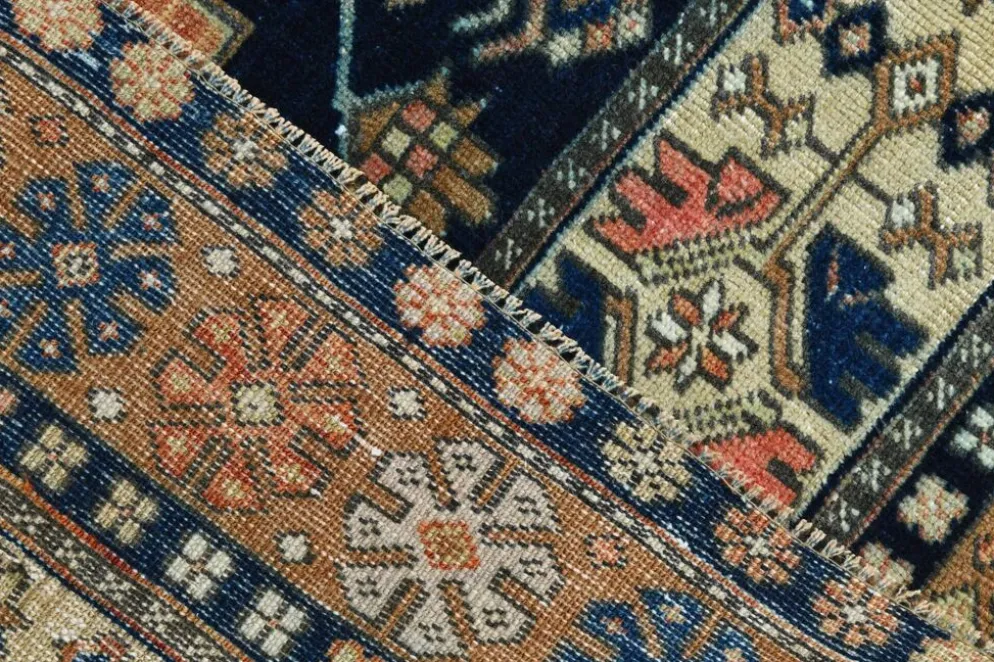 Tapis persan géométrique rouge bleu marine 3x7, 102x223 cm