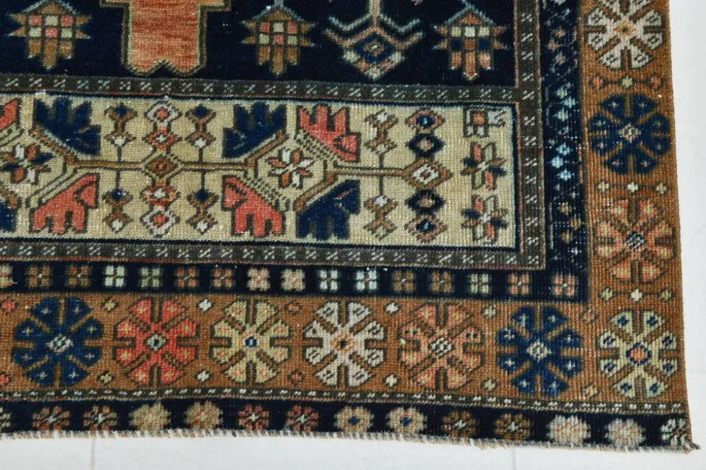 Tapis persan géométrique rouge bleu marine 3x7, 102x223 cm