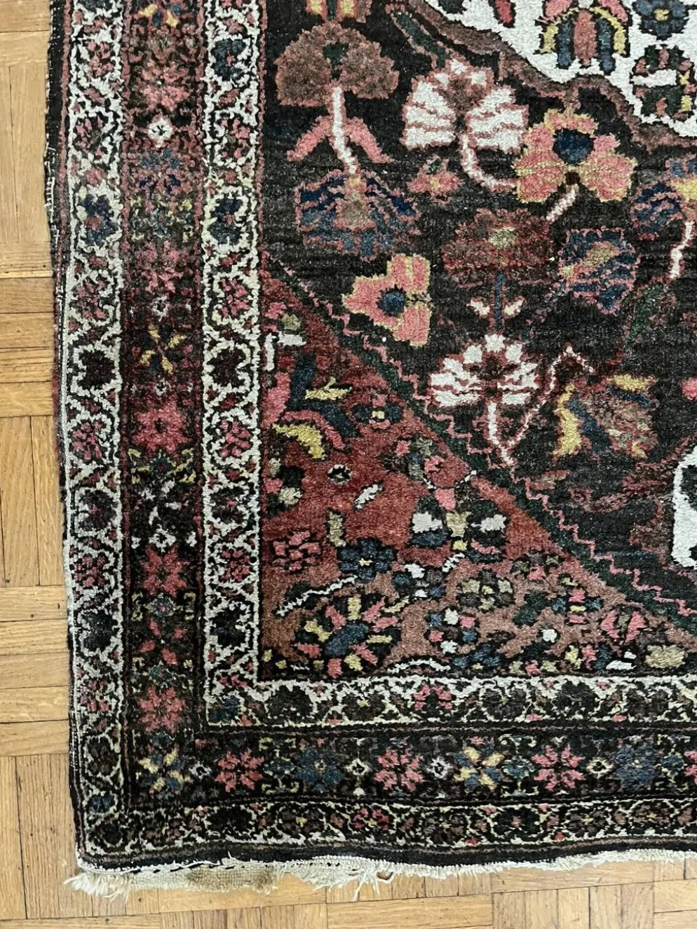 Tapis persan Hamadan ancien fait main, médaillon ivoire fond sombre 148x103