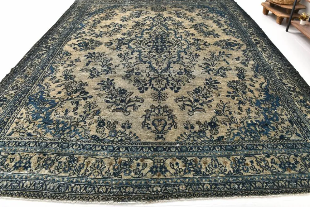 Tapis persan large 10x13 bleu marine et taupe, tapis en laine fait main, 311x402 cm