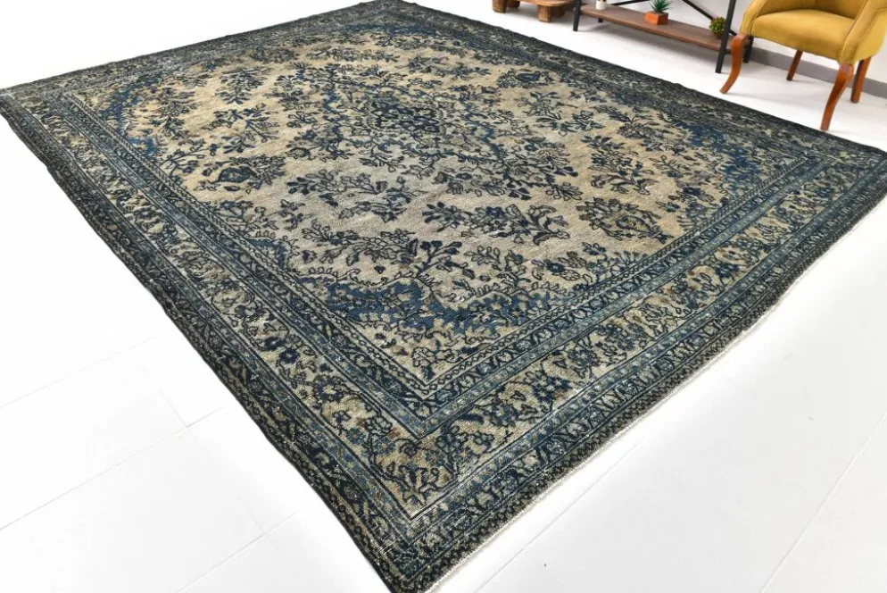 Tapis persan large 10x13 bleu marine et taupe, tapis en laine fait main, 311x402 cm
