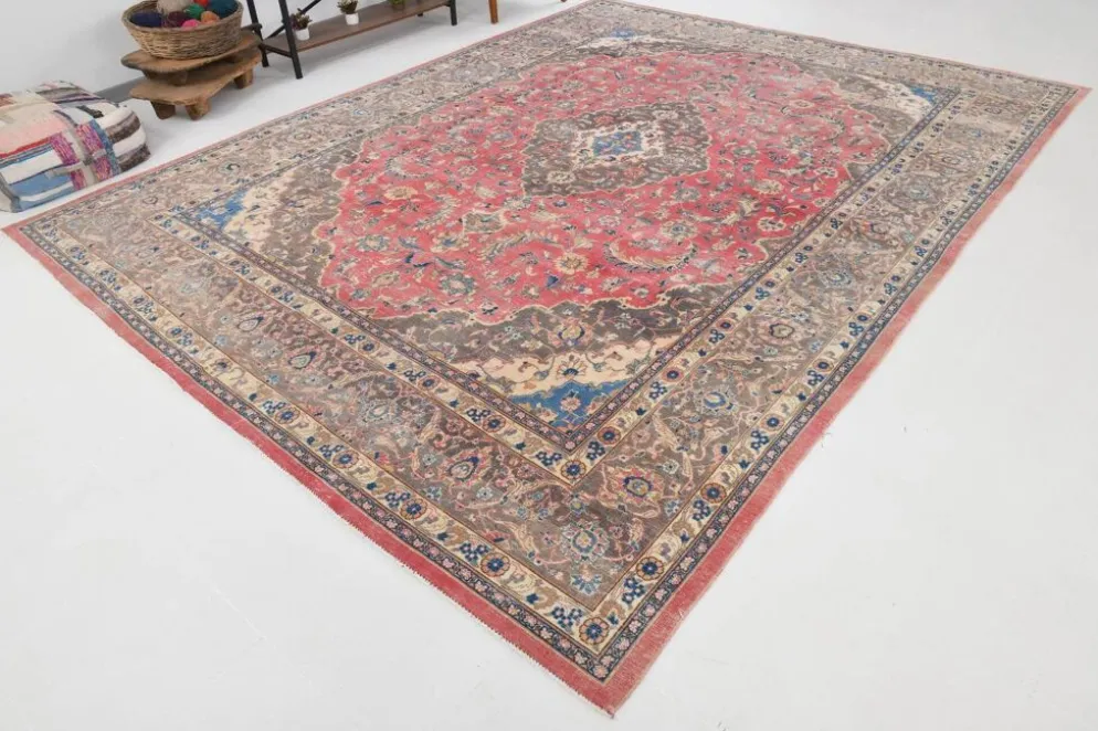 Tapis persan vintage en laine noué main, rouge, motifs floraux, 291x384 cm
