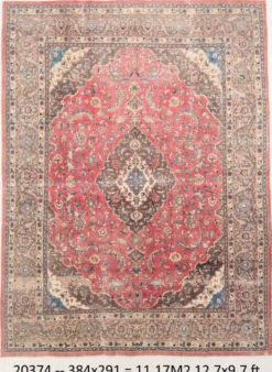 Tapis persan vintage en laine noué main, rouge, motifs floraux, 291x384 cm