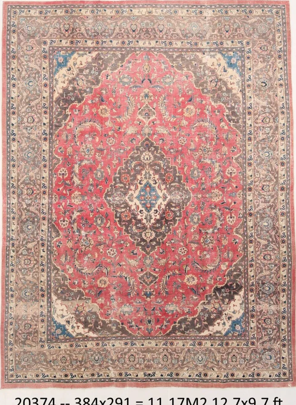 Tapis persan vintage en laine noué main, rouge, motifs floraux, 291x384 cm
