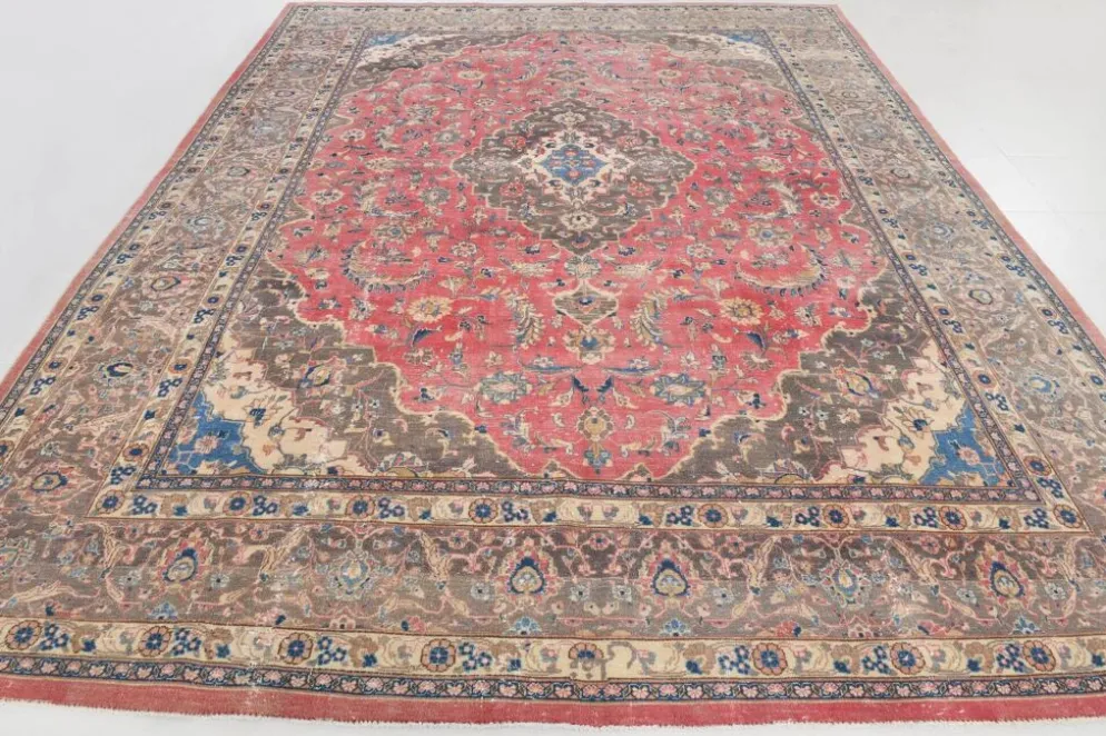 Tapis persan vintage en laine noué main, rouge, motifs floraux, 291x384 cm